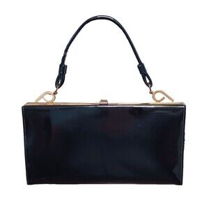 Vintage 1950s Black Patent Leather Top Handle Handbag Kiss Lock Purse Gold Swirl